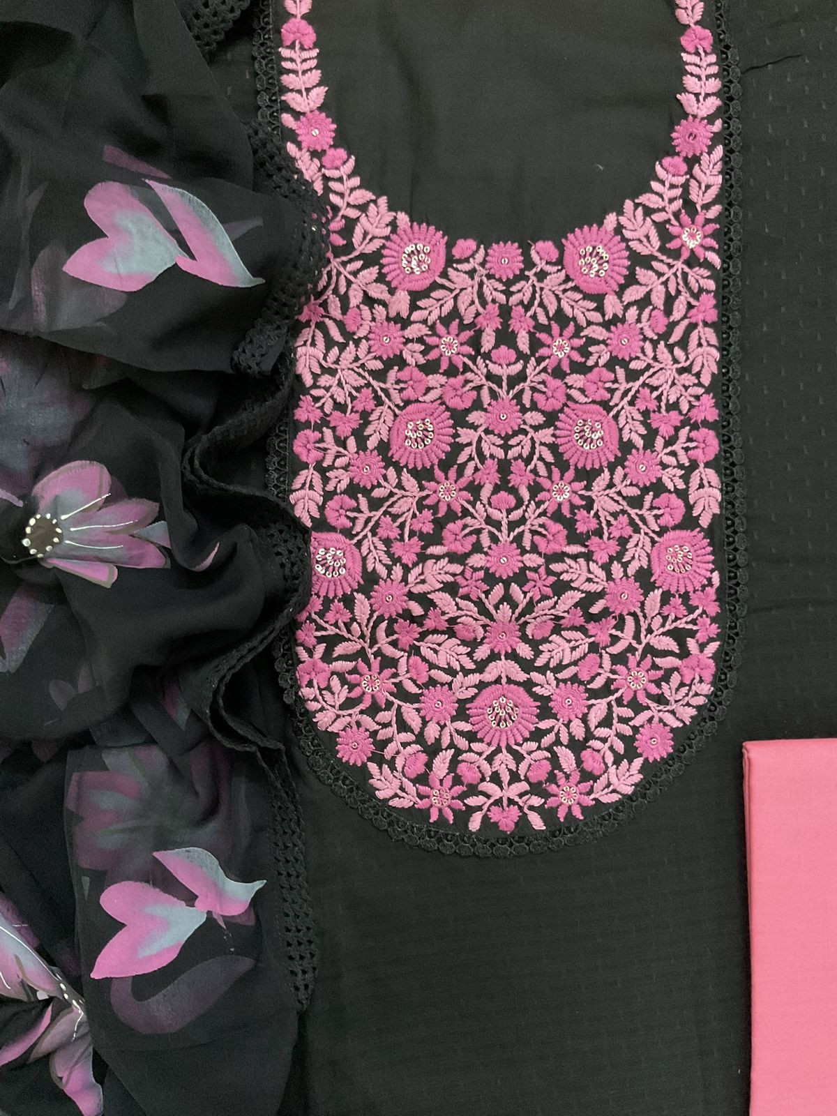 Pure Cotton Self Weaved Embroidered Brush Painted Suit - Black