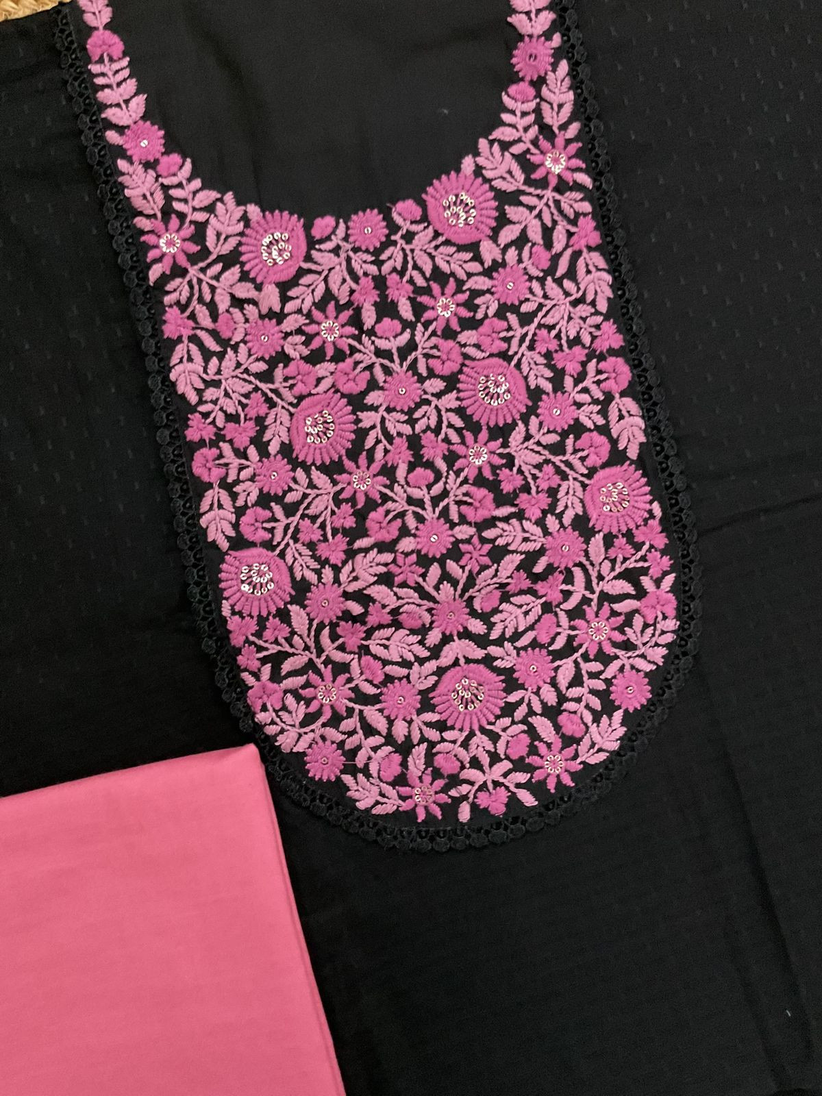 Pure Cotton Self Weaved Embroidered Brush Painted Suit - Black