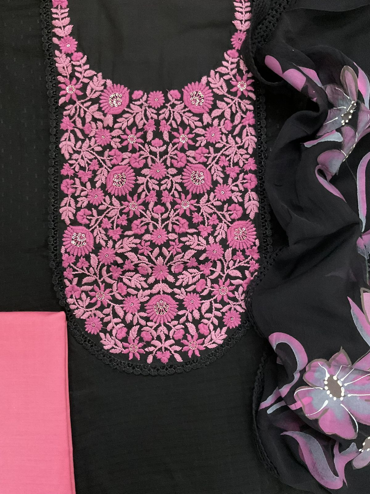 Pure Cotton Self Weaved Embroidered Brush Painted Suit - Black