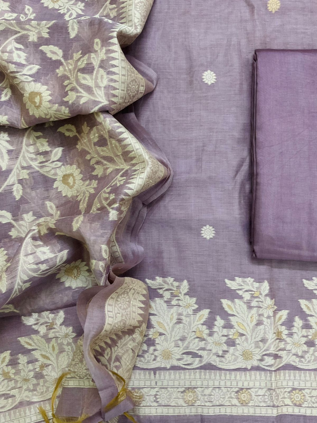 Soft Slub Chanderi Jamdani Weaved Suit - Lavender