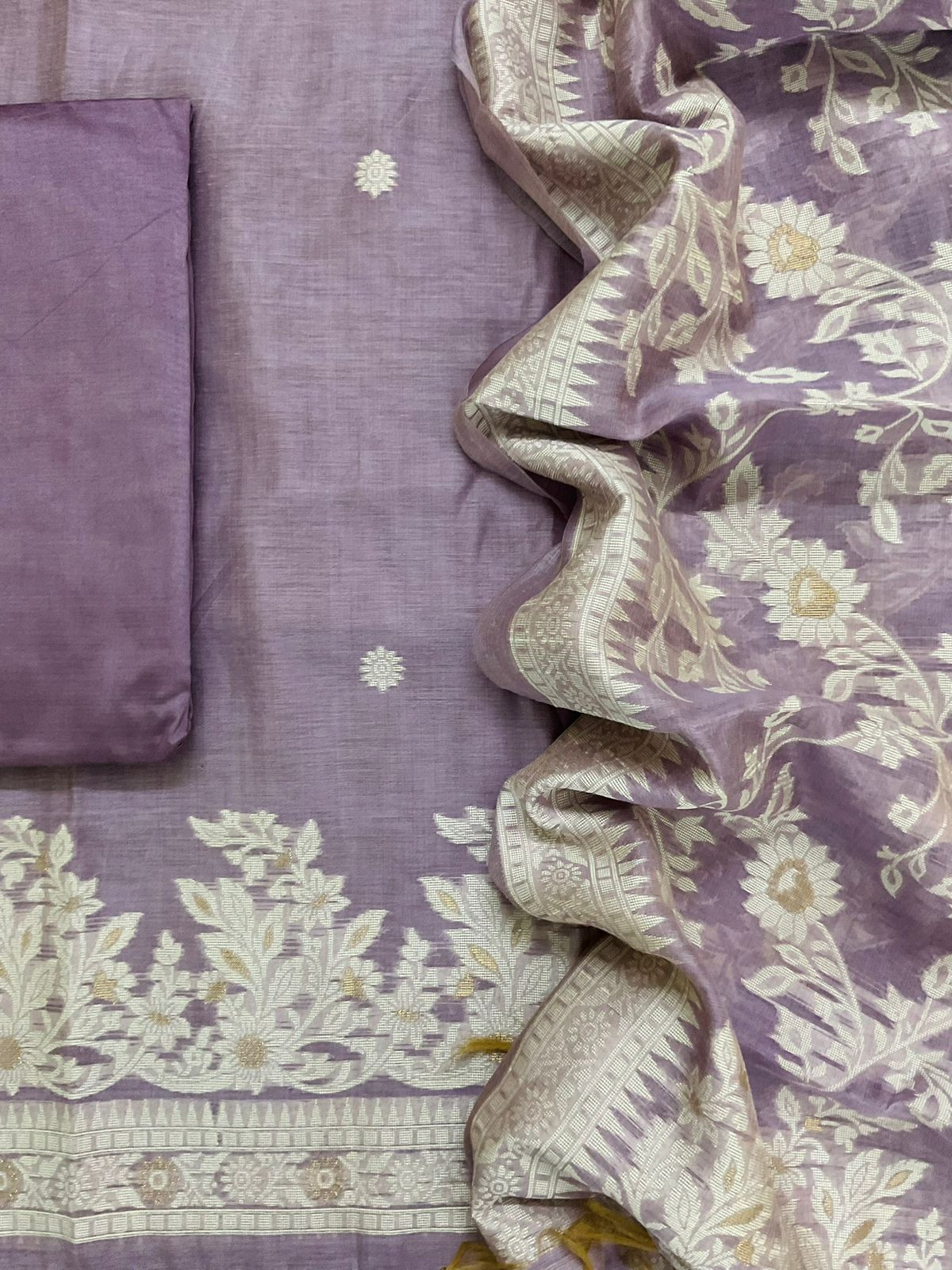 Soft Slub Chanderi Jamdani Weaved Suit - Lavender