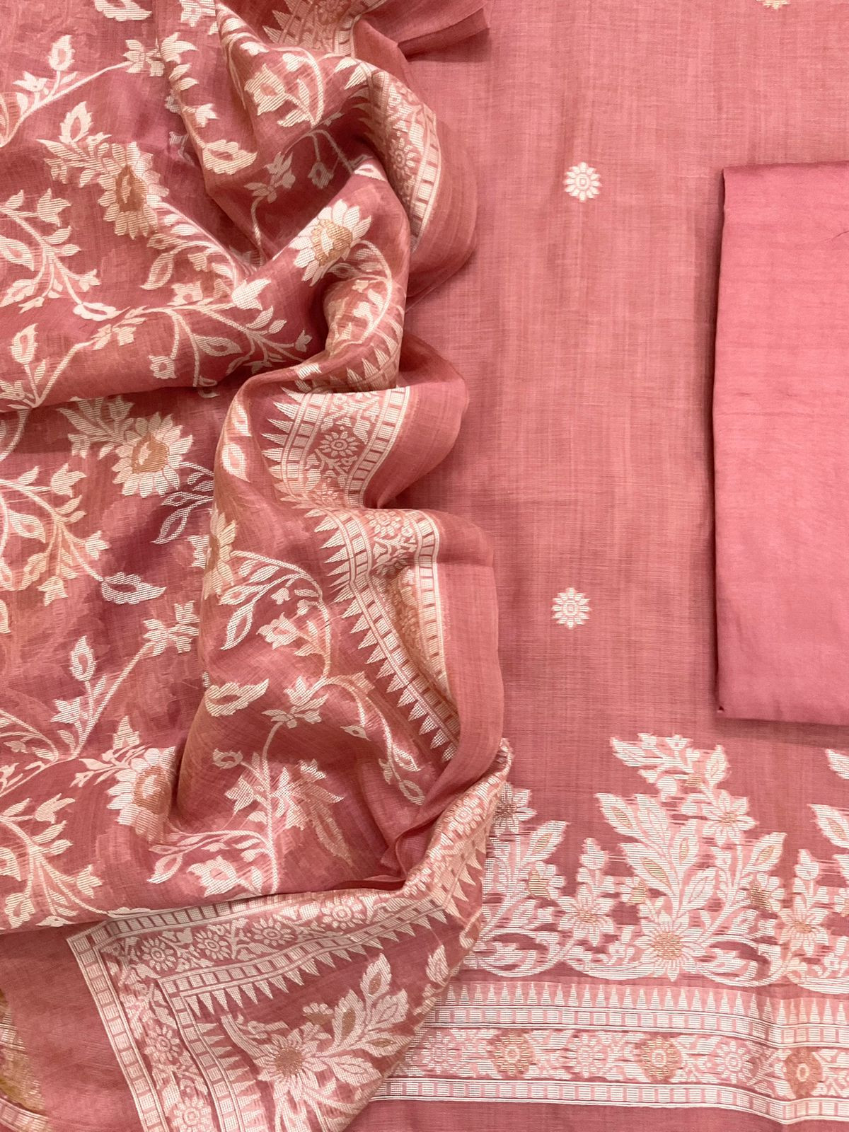 Soft Slub Chanderi Jamdani Weaved Suit - Peach