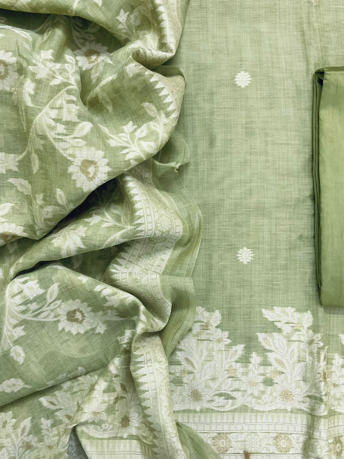 Soft Slub Chanderi Jamdani Weaved Suit - Green