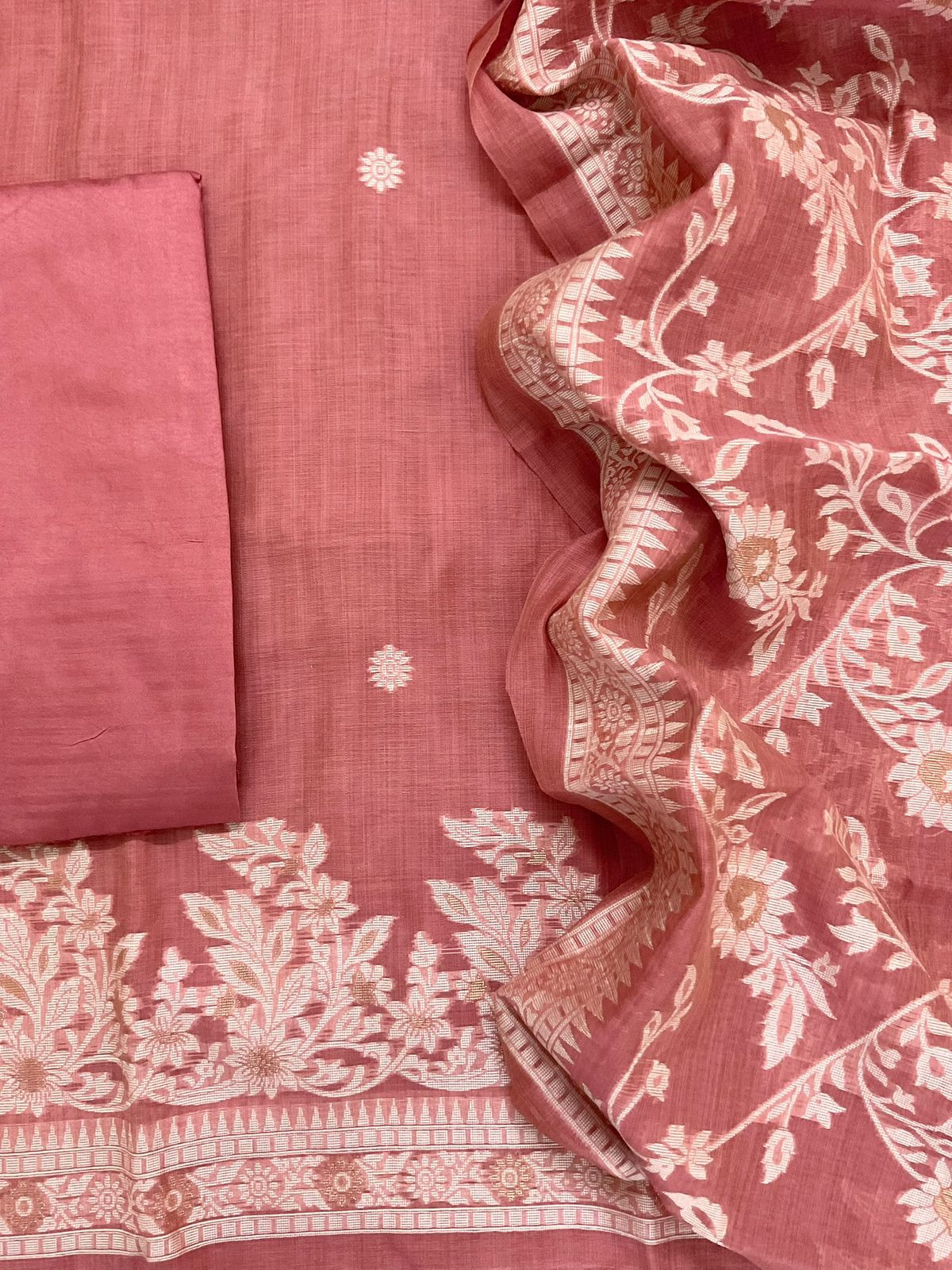 Soft Slub Chanderi Jamdani Weaved Suit - Peach