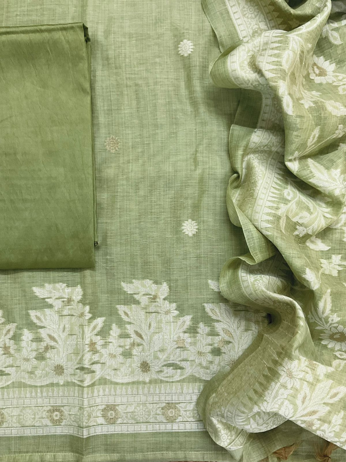 Soft Slub Chanderi Jamdani Weaved Suit - Green