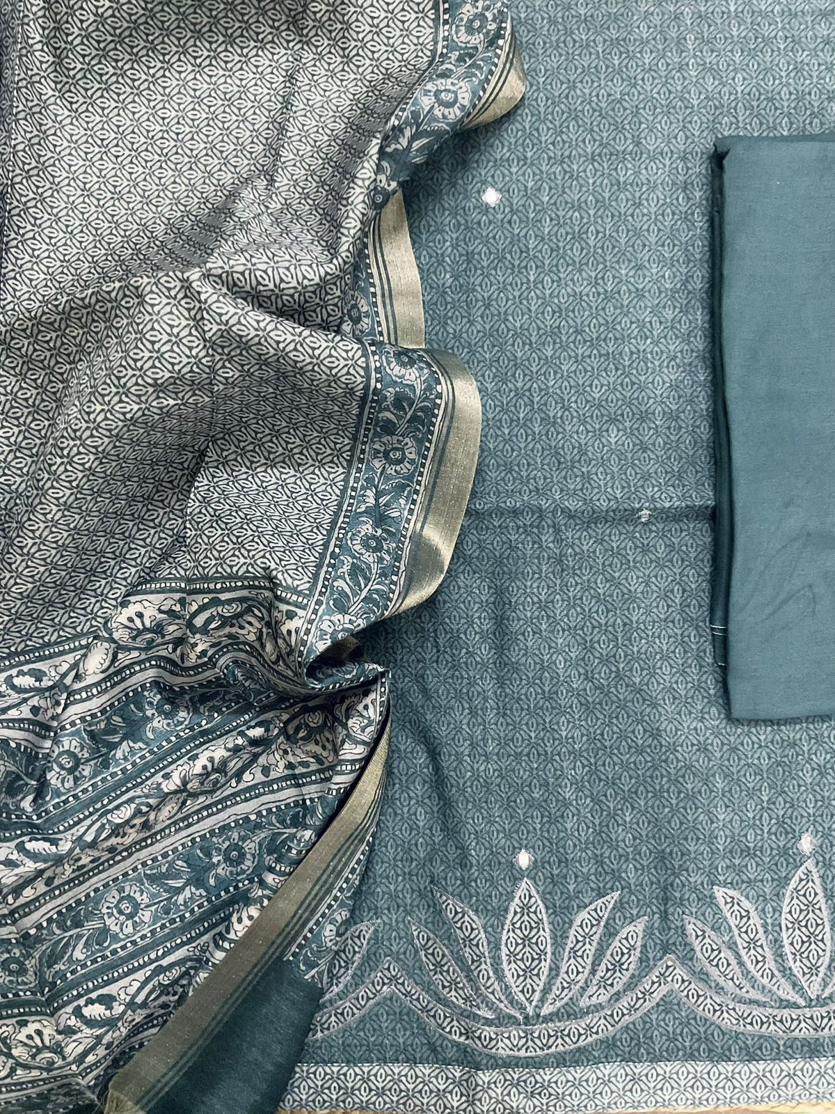 Soft Semi Tussar Silk Printed Embroidered Suit - Grey