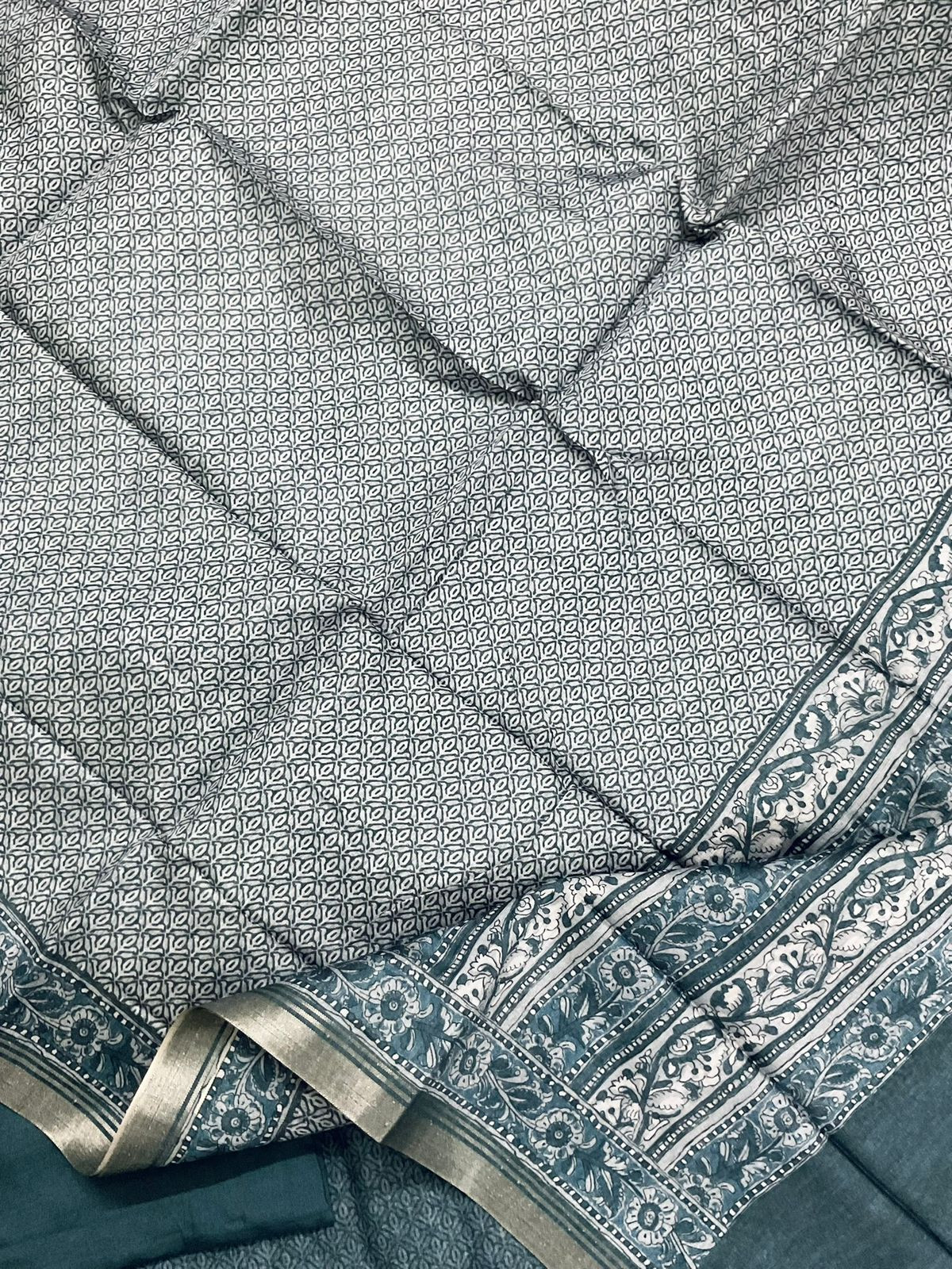 Soft Semi Tussar Silk Printed Embroidered Suit - Grey