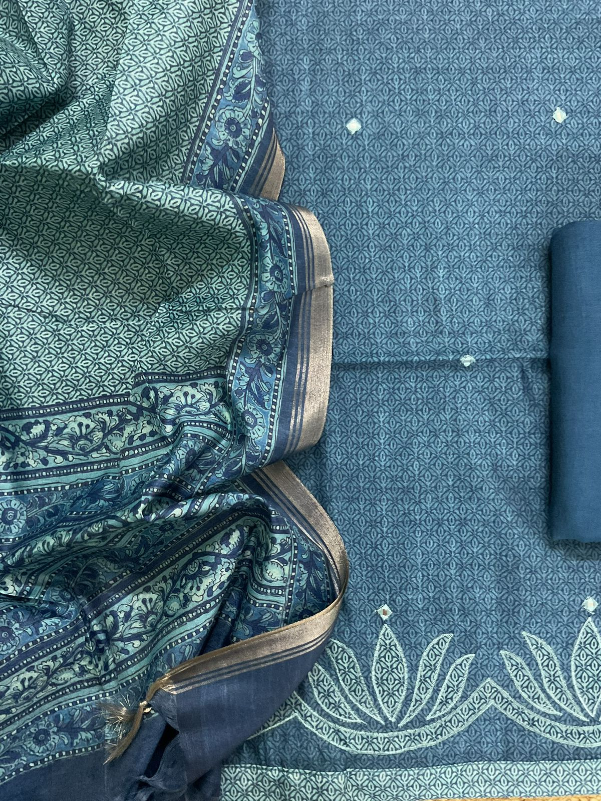 Soft Semi Tussar Silk Printed Embroidered Suit - Blue