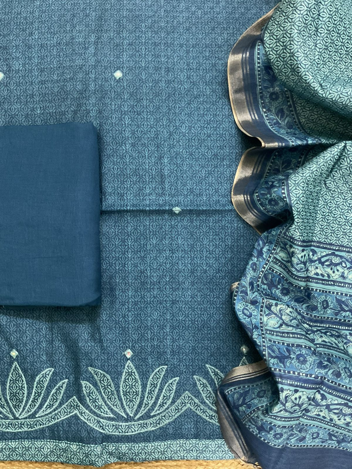 Soft Semi Tussar Silk Printed Embroidered Suit - Blue