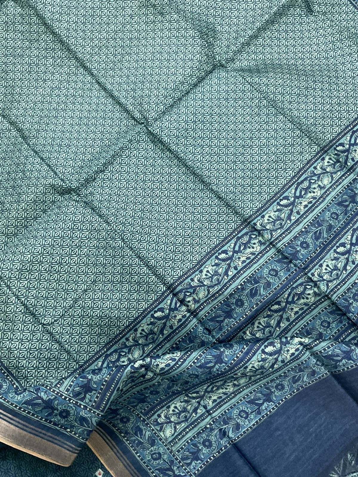 Soft Semi Tussar Silk Printed Embroidered Suit - Blue