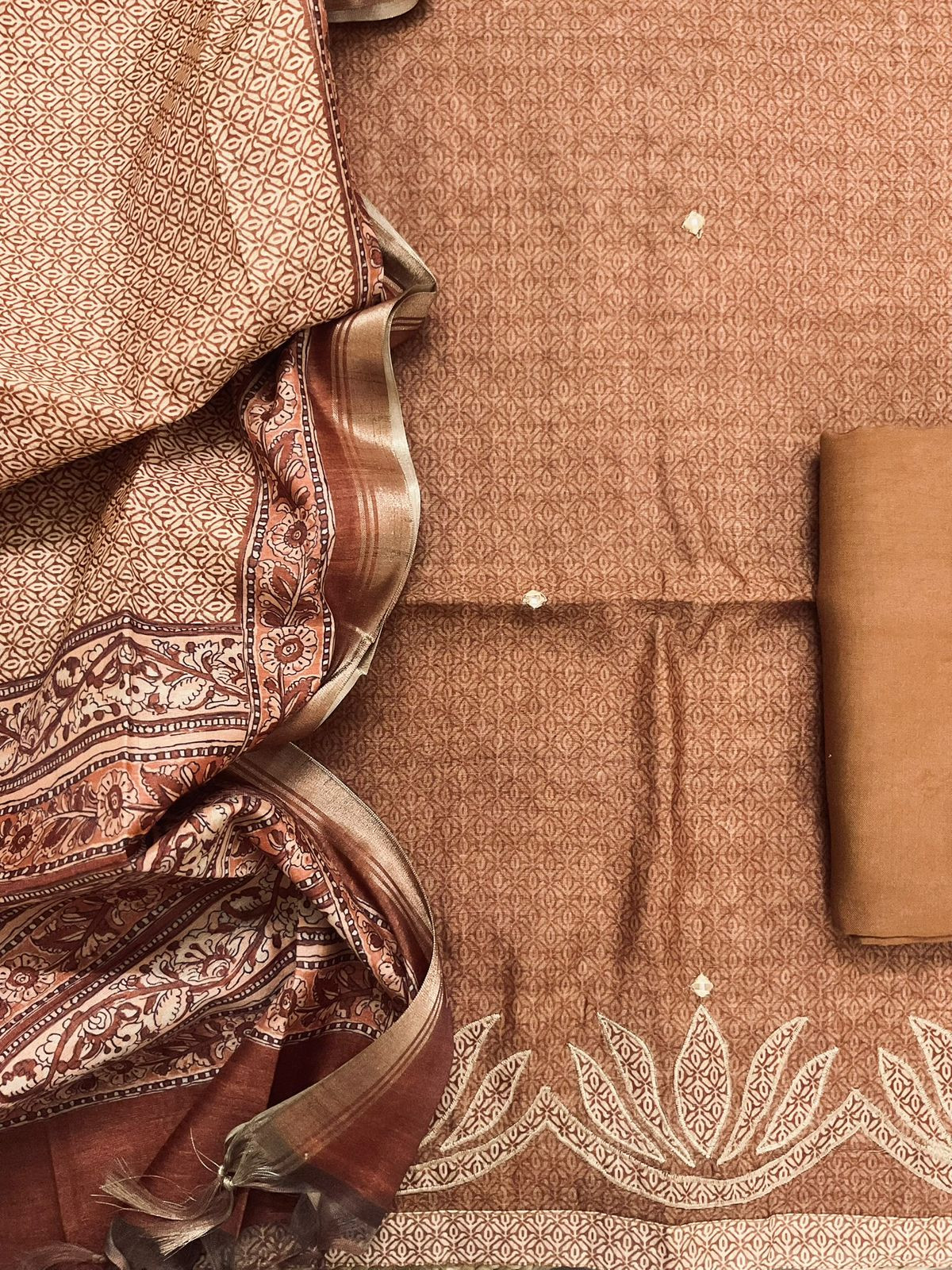 Soft Semi Tussar Silk Printed Embroidered Suit - Brown
