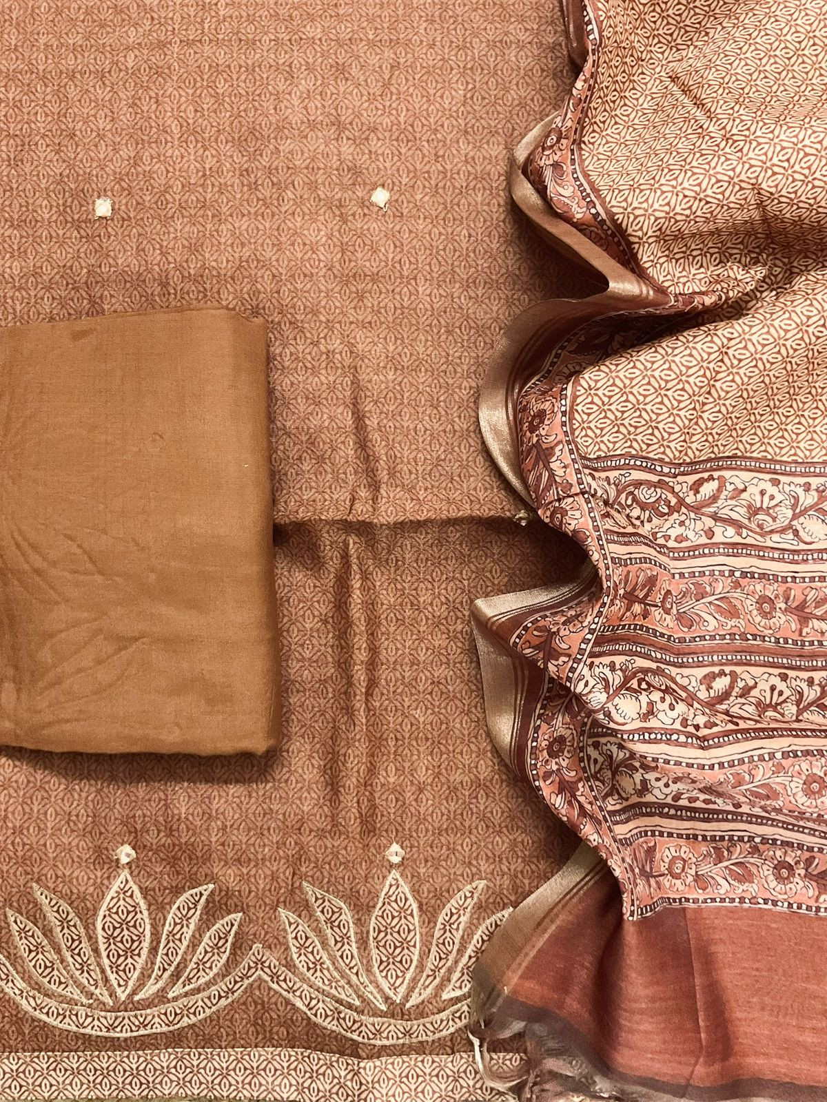 Soft Semi Tussar Silk Printed Embroidered Suit - Brown