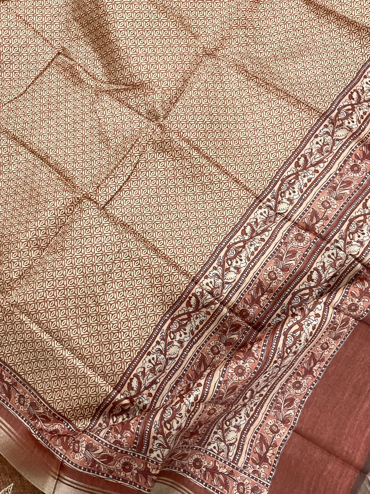 Soft Semi Tussar Silk Printed Embroidered Suit - Brown
