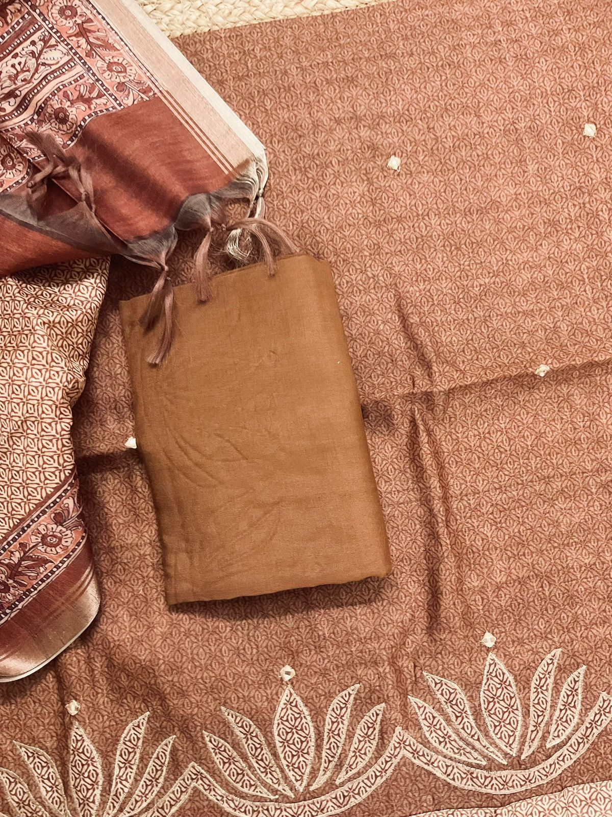 Soft Semi Tussar Silk Printed Embroidered Suit - Brown