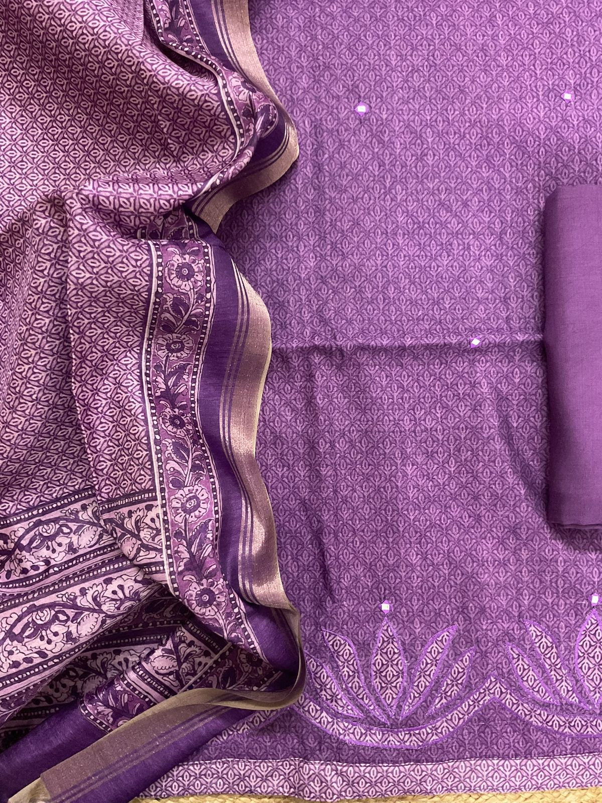 Soft Semi Tussar Silk Printed Embroidered Suit - Purple