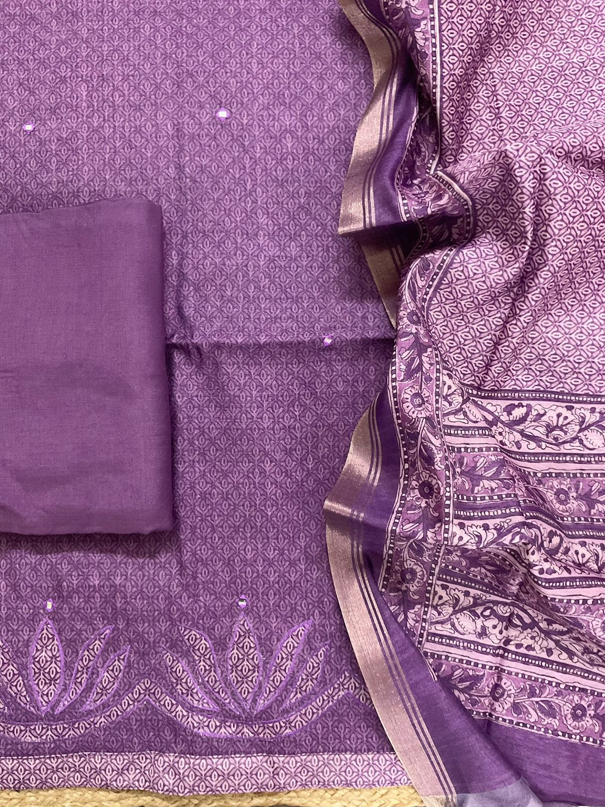 Soft Semi Tussar Silk Printed Embroidered Suit - Purple