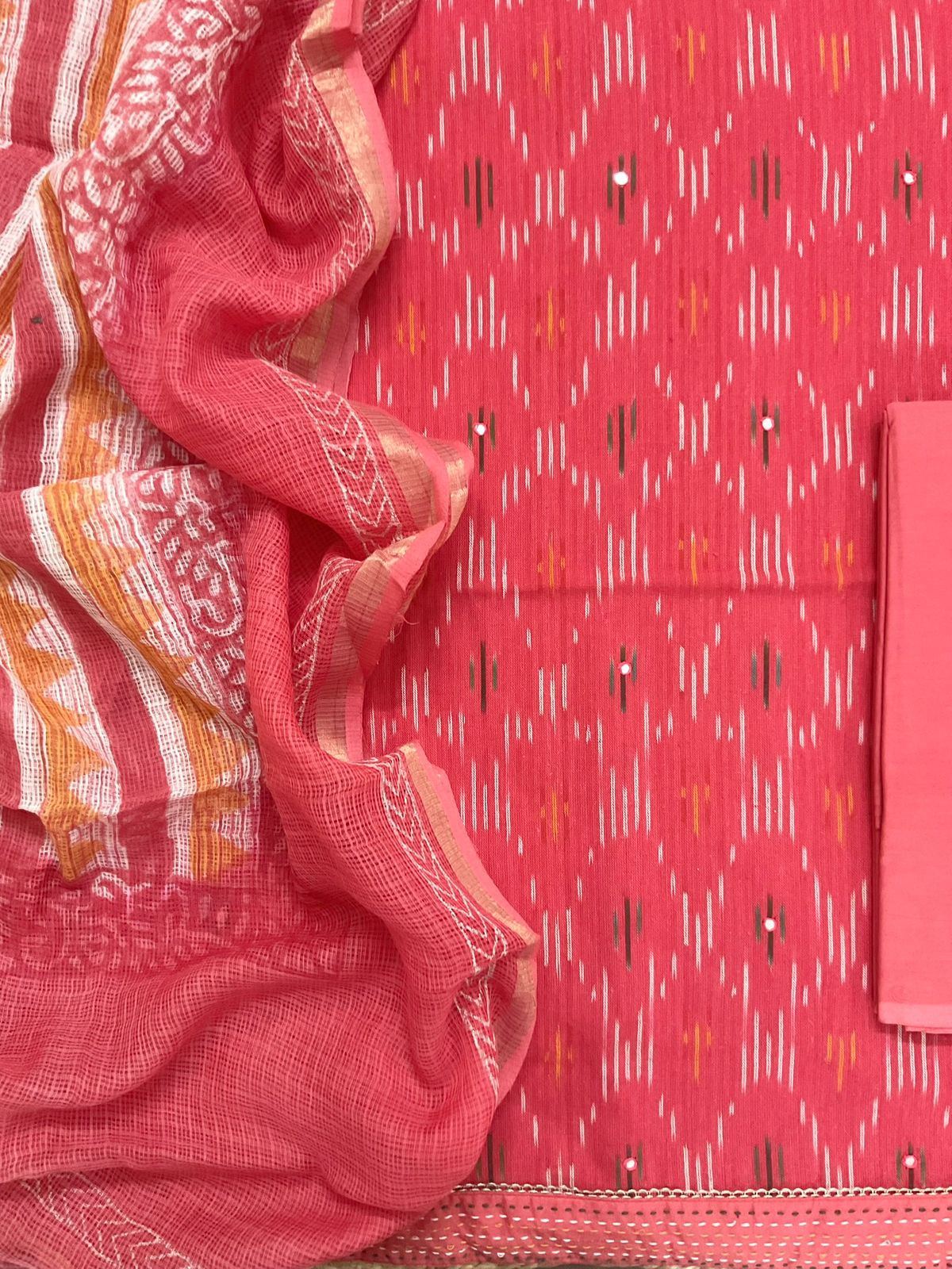 Pure Handloom Ikkat Cotton Printed Embroidered Suit - Red