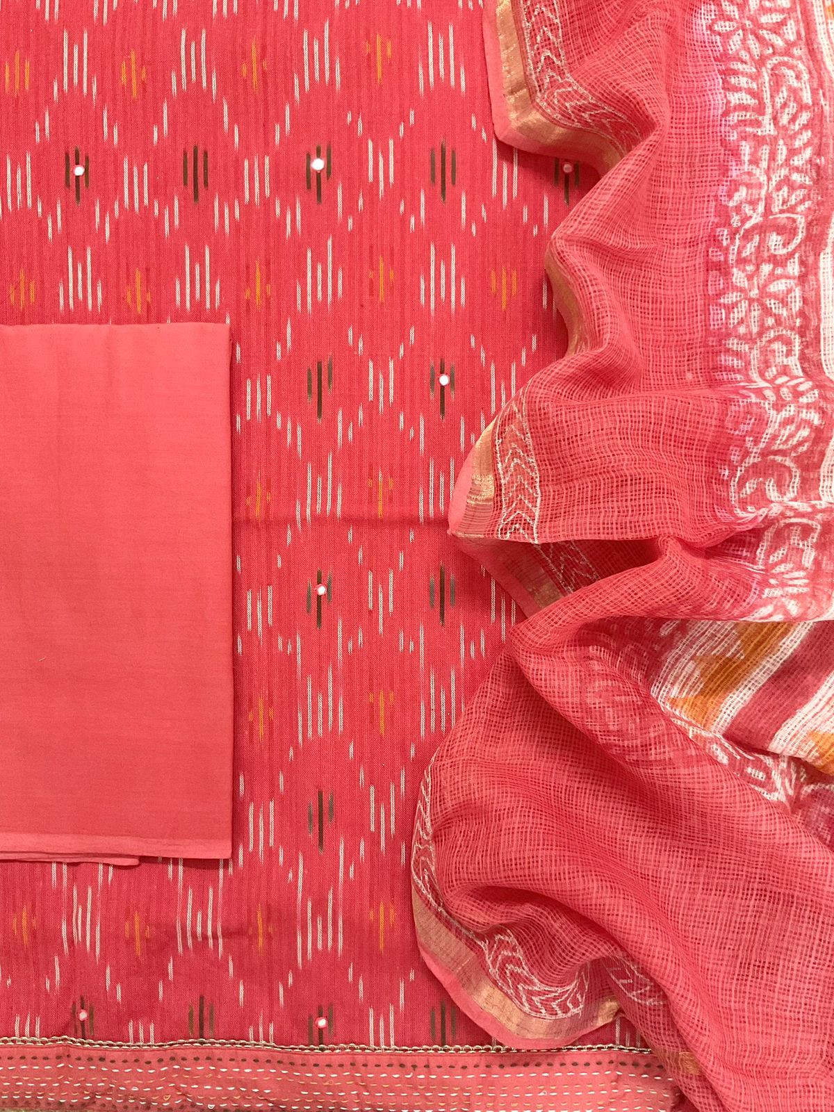 Pure Handloom Ikkat Cotton Printed Embroidered Suit - Red