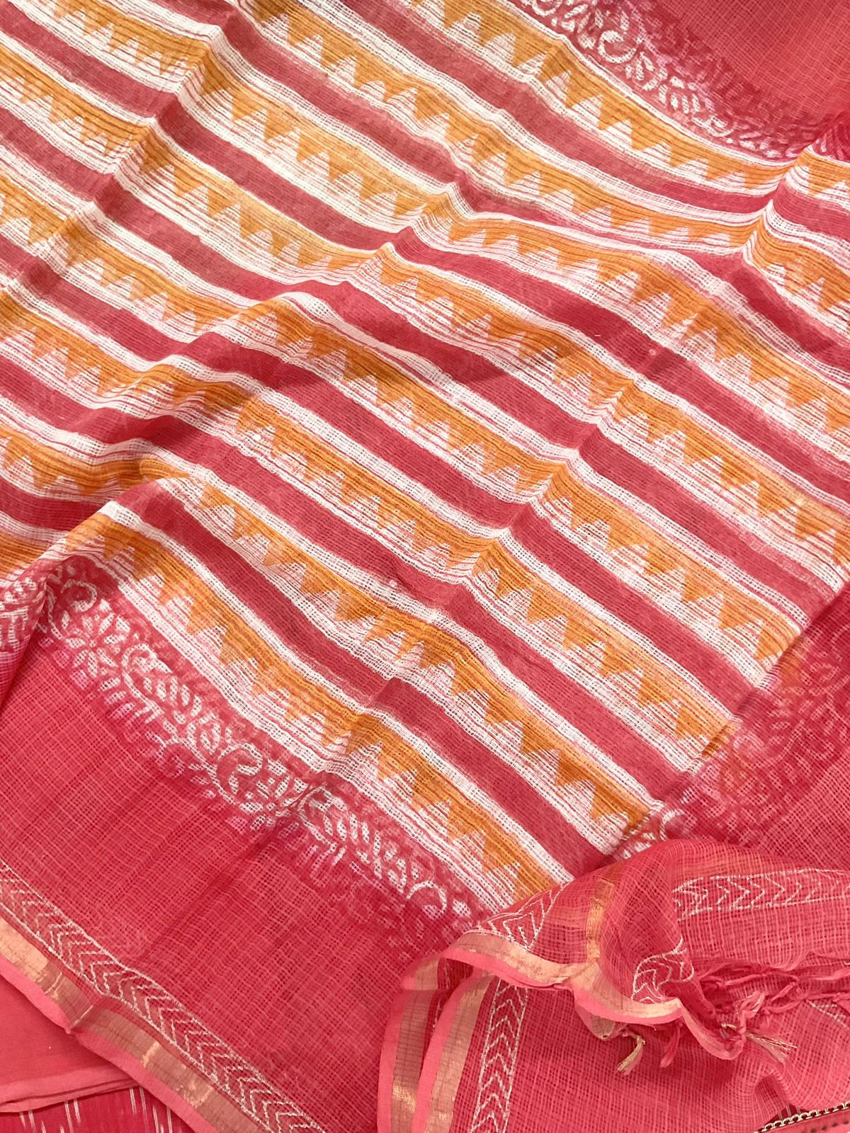 Pure Handloom Ikkat Cotton Printed Embroidered Suit - Red