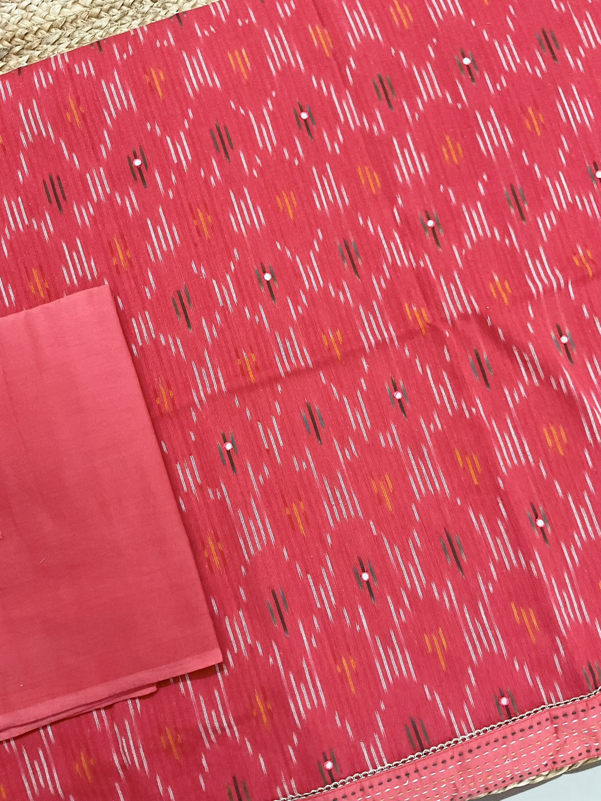 Pure Handloom Ikkat Cotton Printed Embroidered Suit - Red