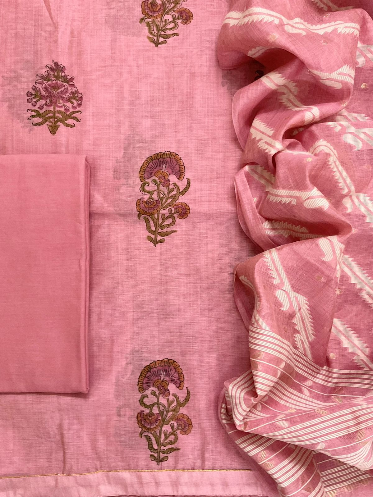 Soft Slub Chanderi Printed Jamdani Weaved Suit - Pink