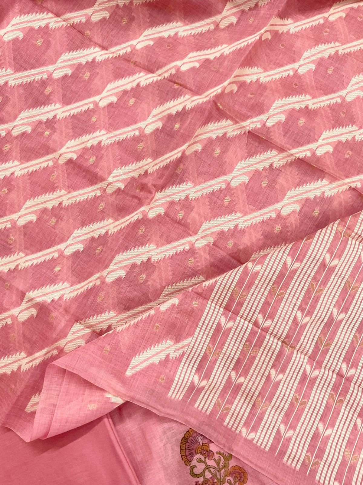 Soft Slub Chanderi Printed Jamdani Weaved Suit - Pink