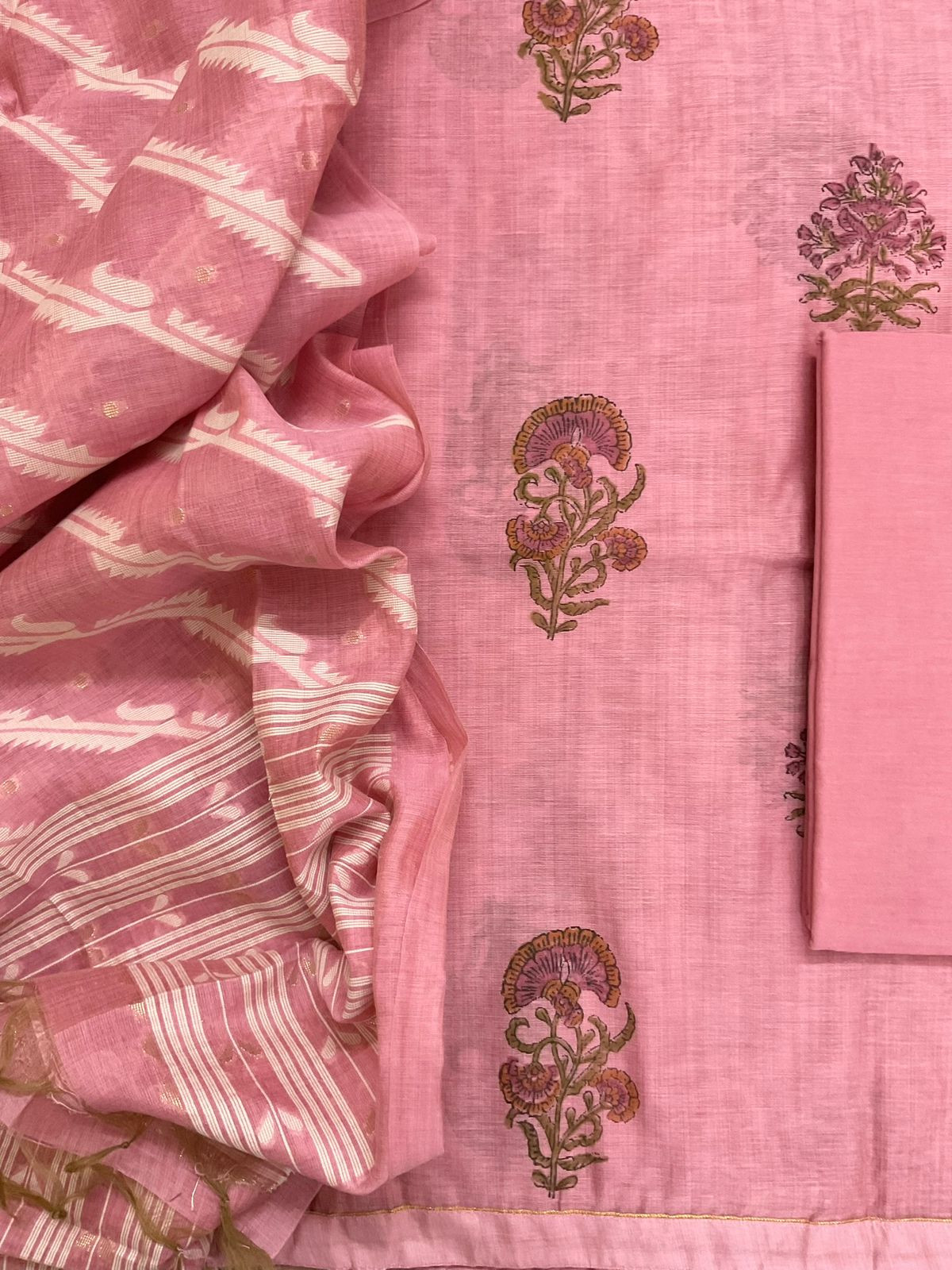 Soft Slub Chanderi Printed Jamdani Weaved Suit - Pink