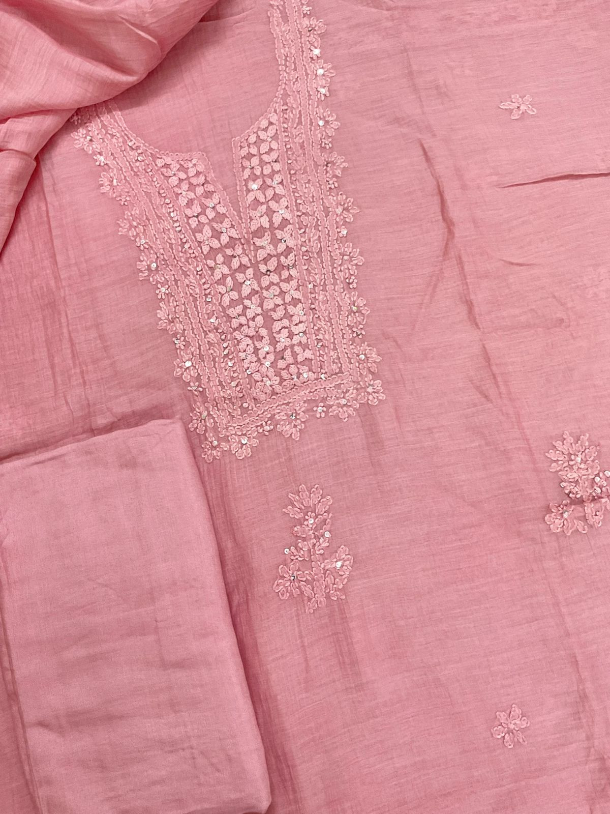 Pure Mul Chanderi Embroidered Suit - Pink