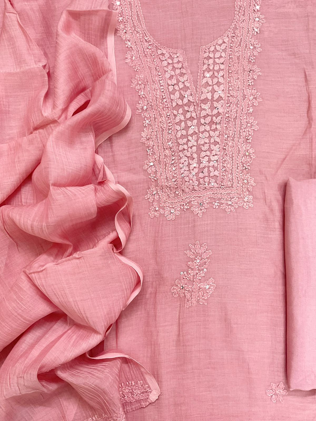 Pure Mul Chanderi Embroidered Suit - Pink