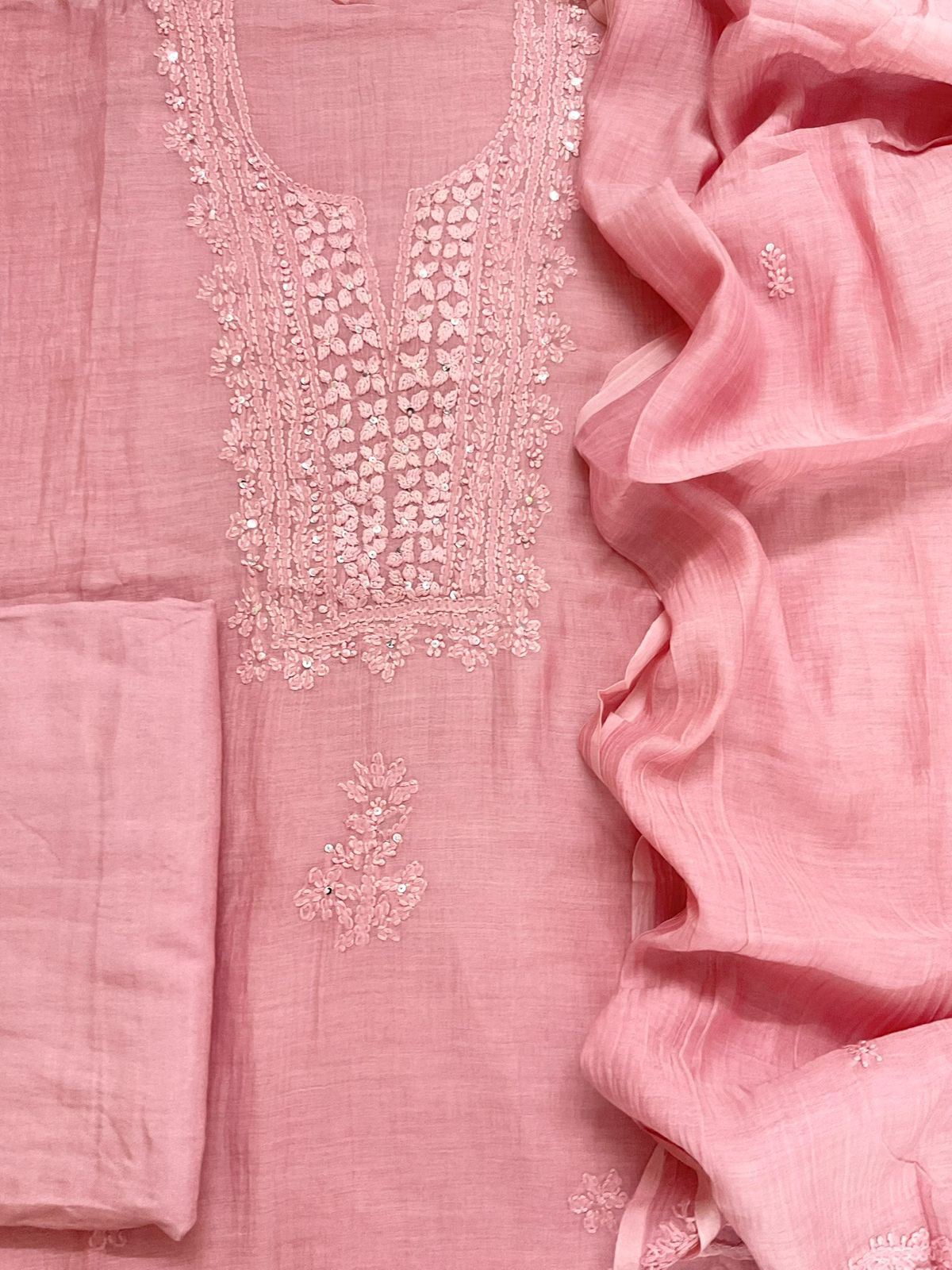 Pure Mul Chanderi Embroidered Suit - Pink