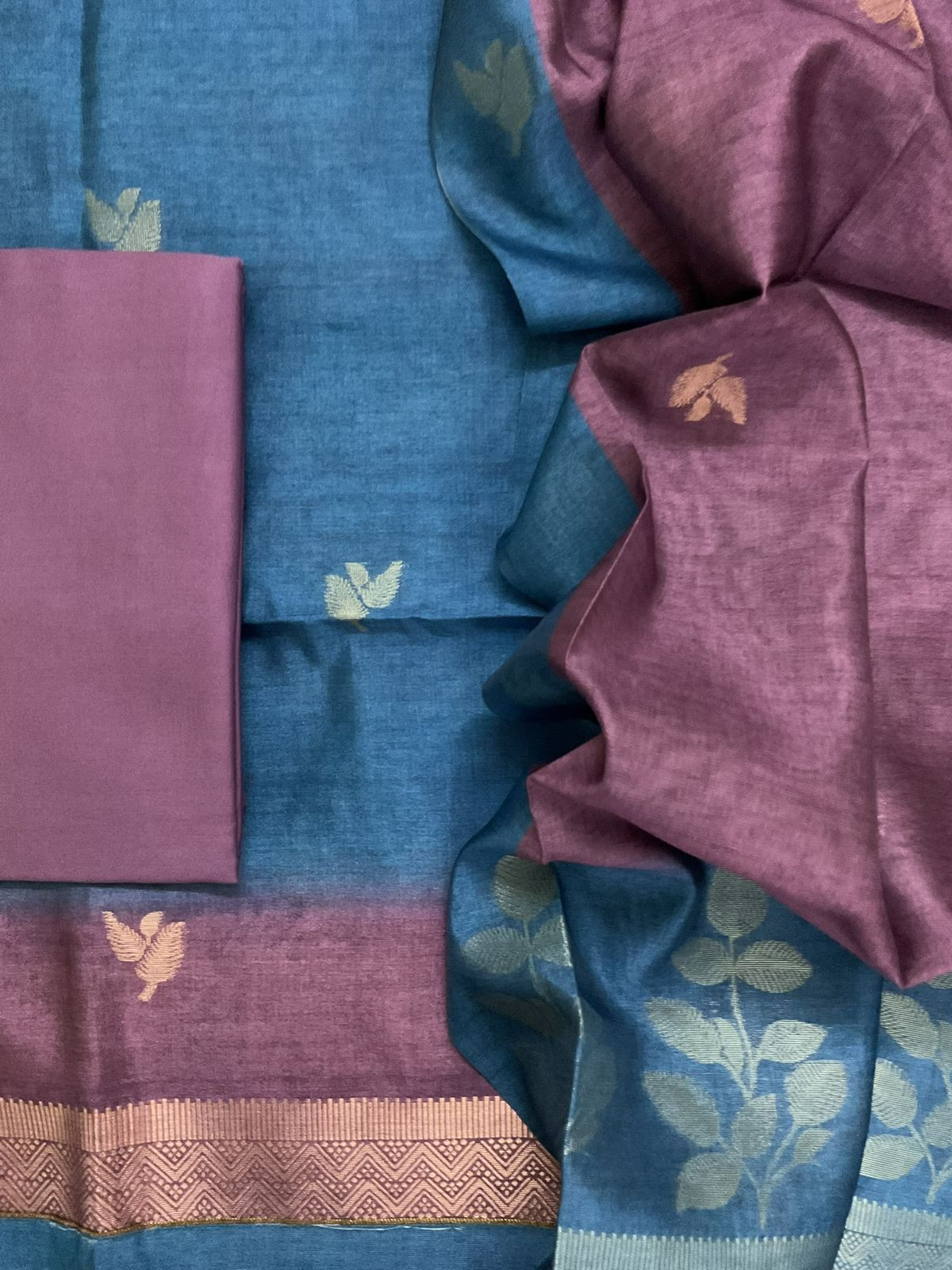 Soft Semi Tussar Silk Jamdani Weaved Suit - Blue