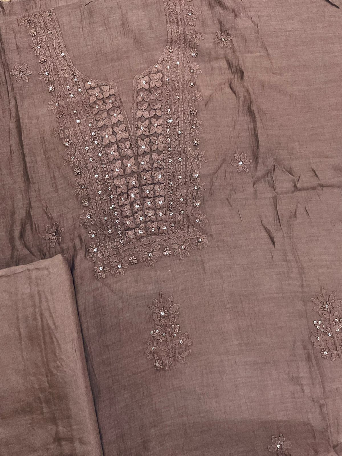 Pure Mul Chanderi Embroidered Suit - Dark Brown
