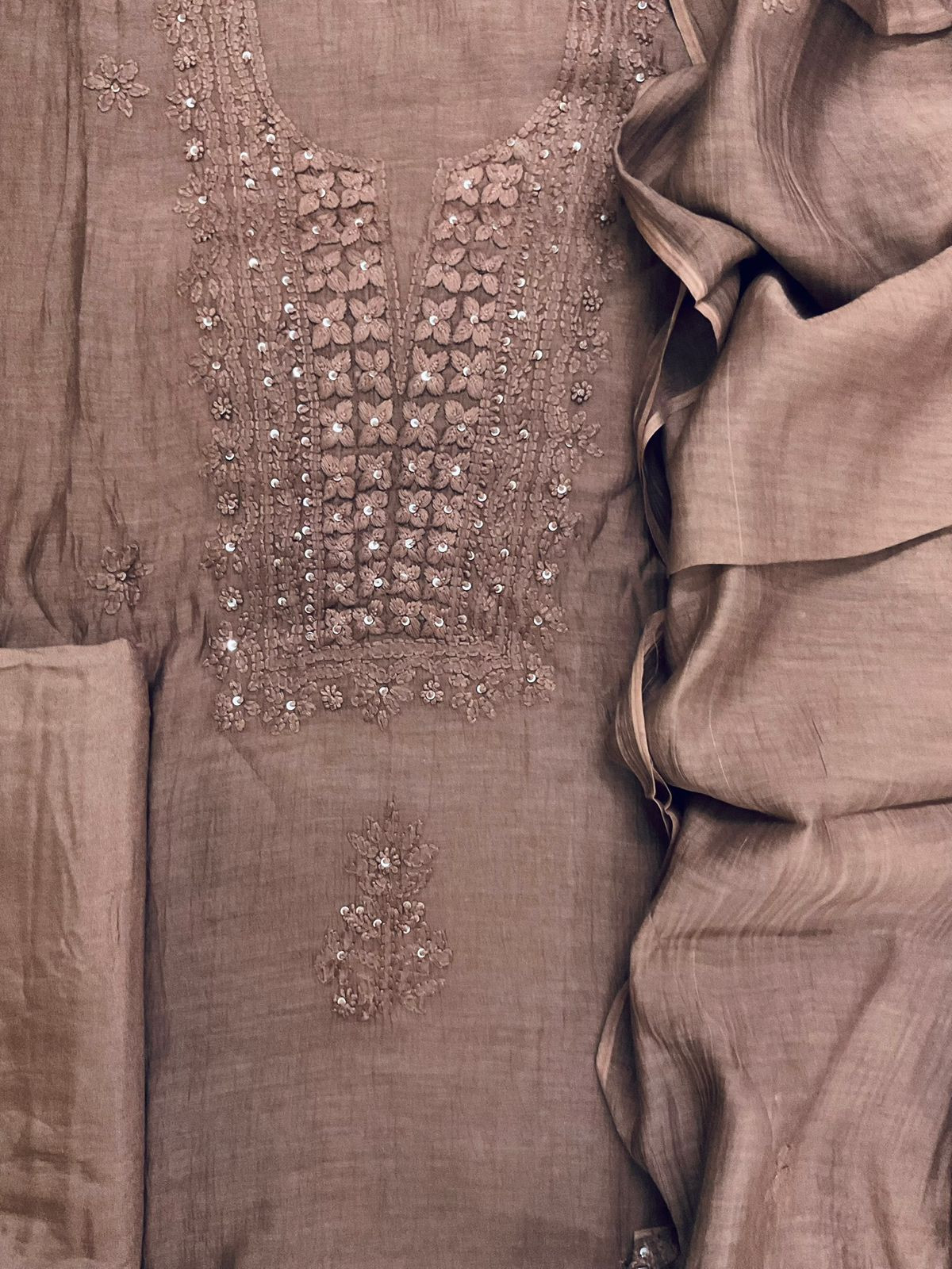 Pure Mul Chanderi Embroidered Suit - Dark Brown