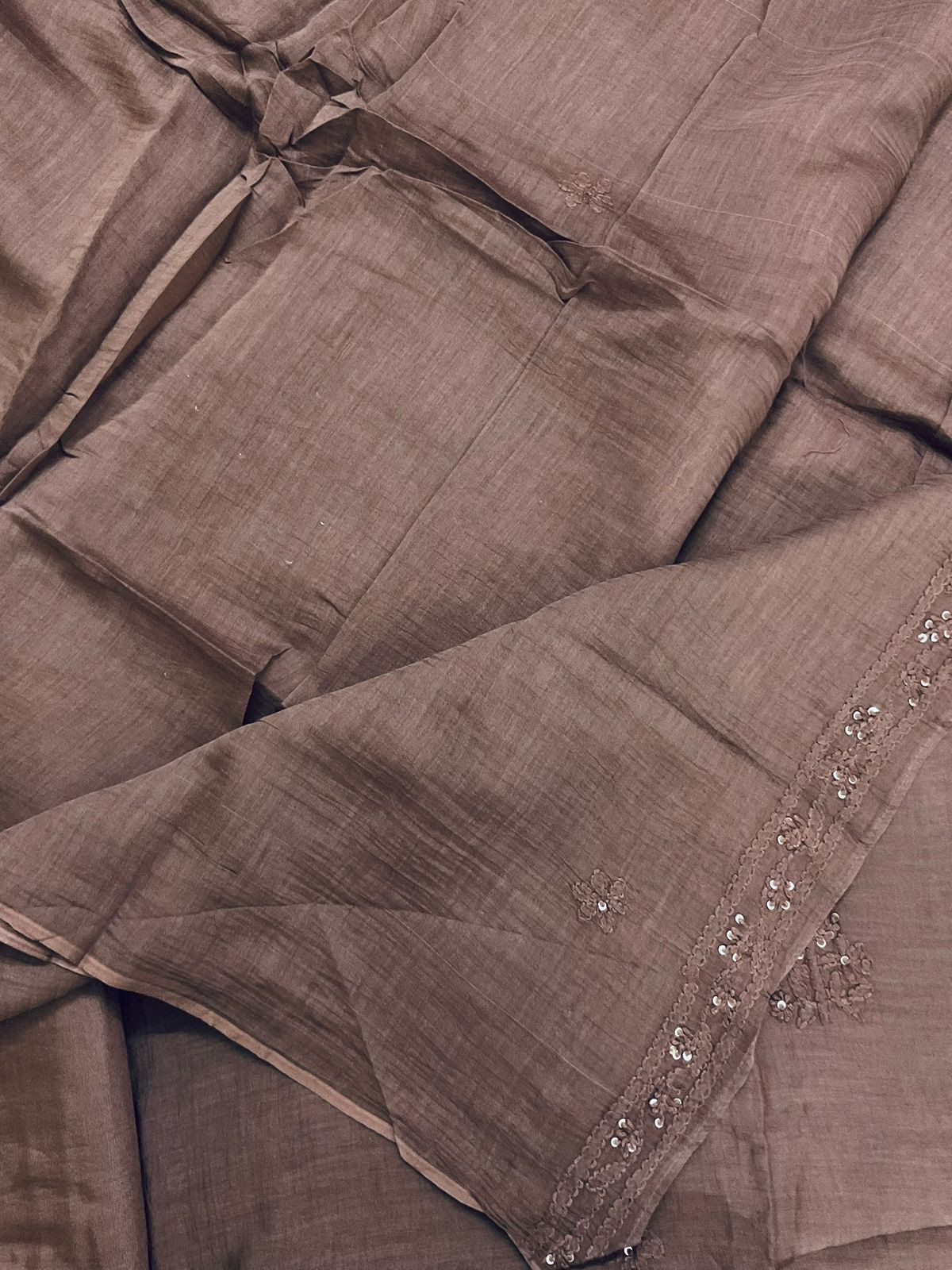 Pure Mul Chanderi Embroidered Suit - Dark Brown