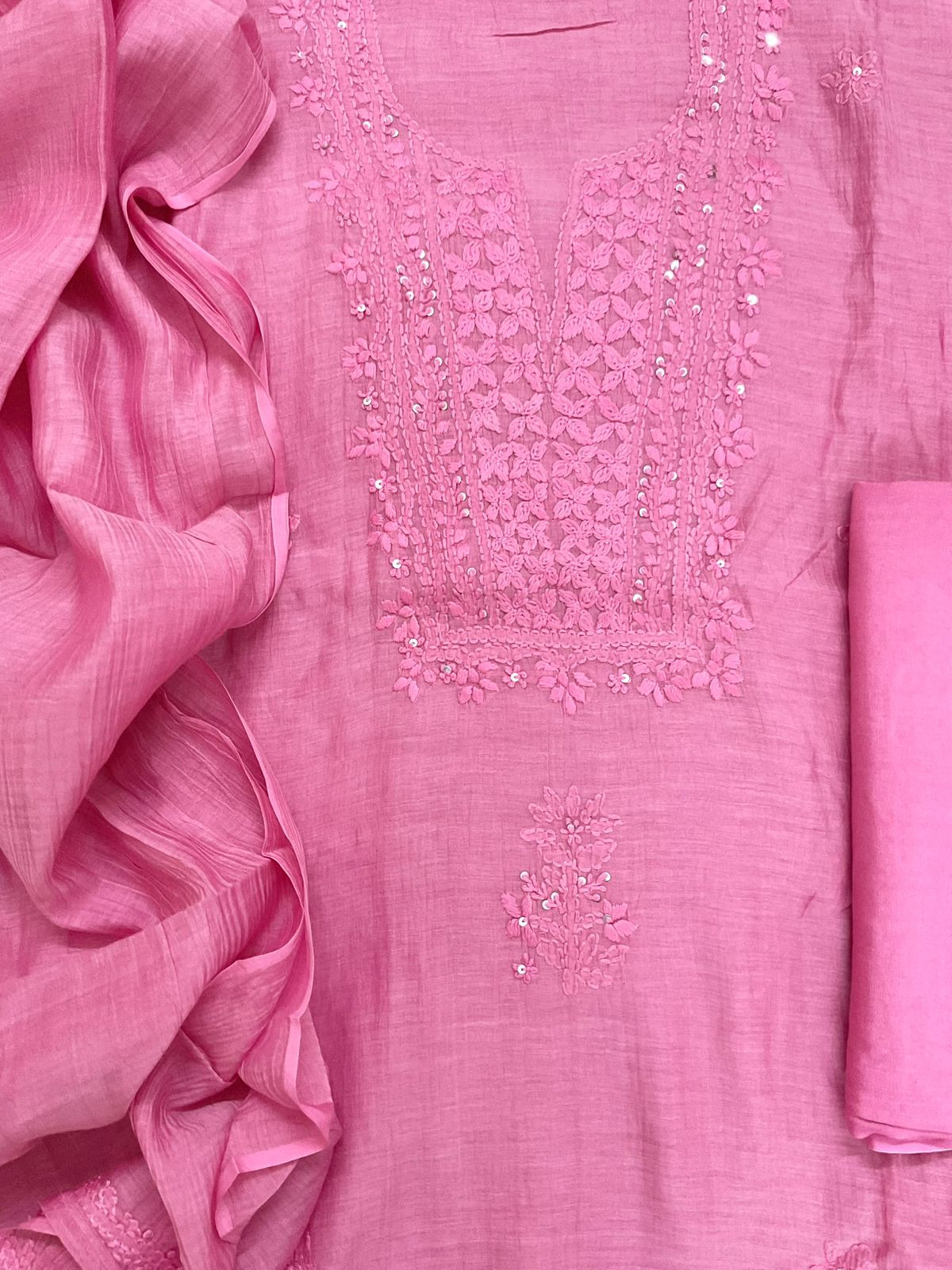 Pure Mul Chanderi Embroidered Suit - Pink