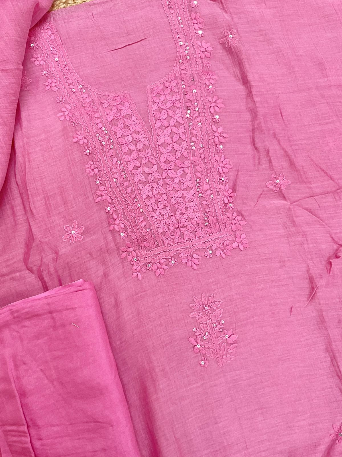 Pure Mul Chanderi Embroidered Suit - Pink