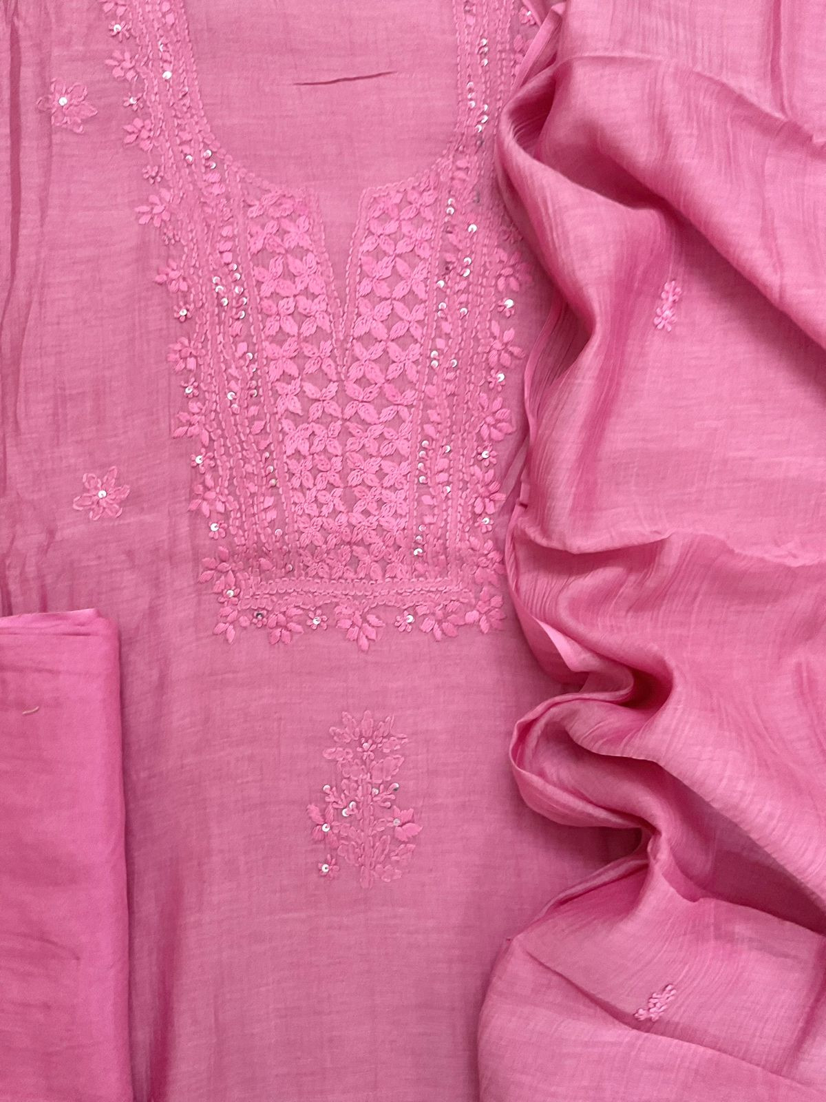 Pure Mul Chanderi Embroidered Suit - Pink