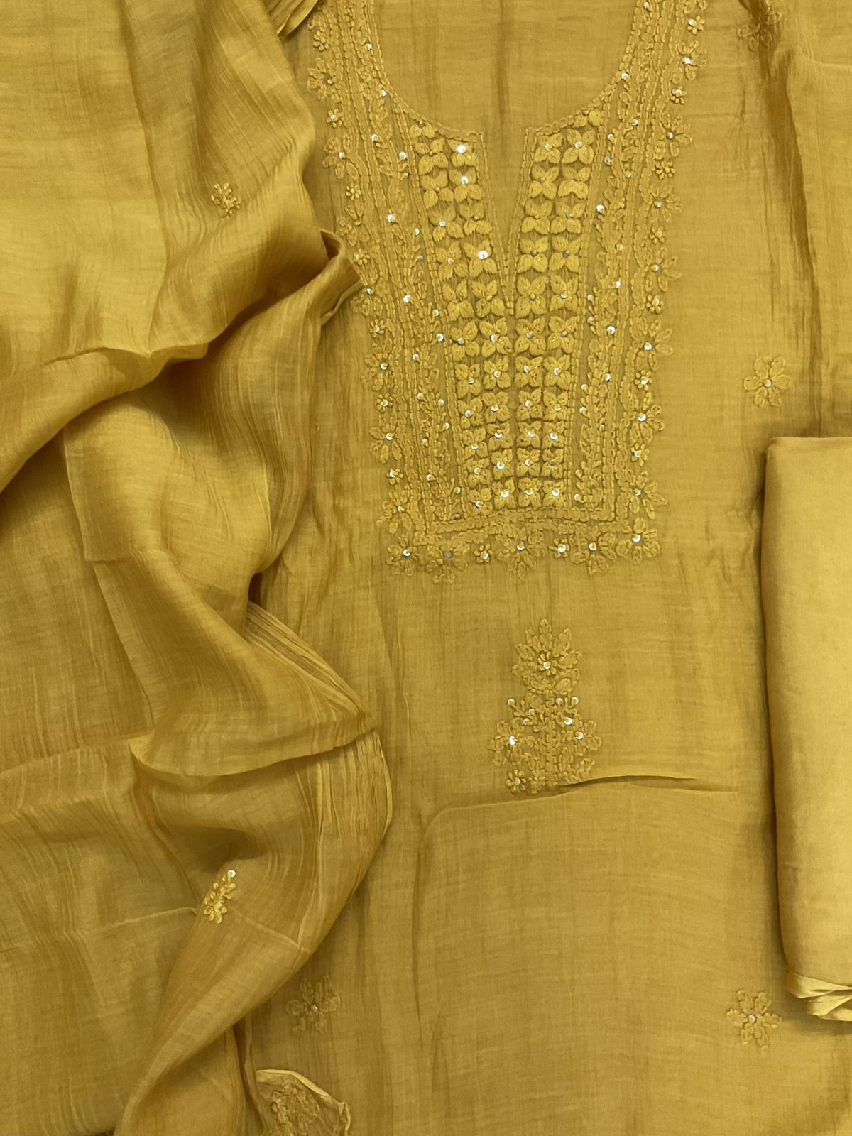 Pure Mul Chanderi Embroidered Suit - Yellow