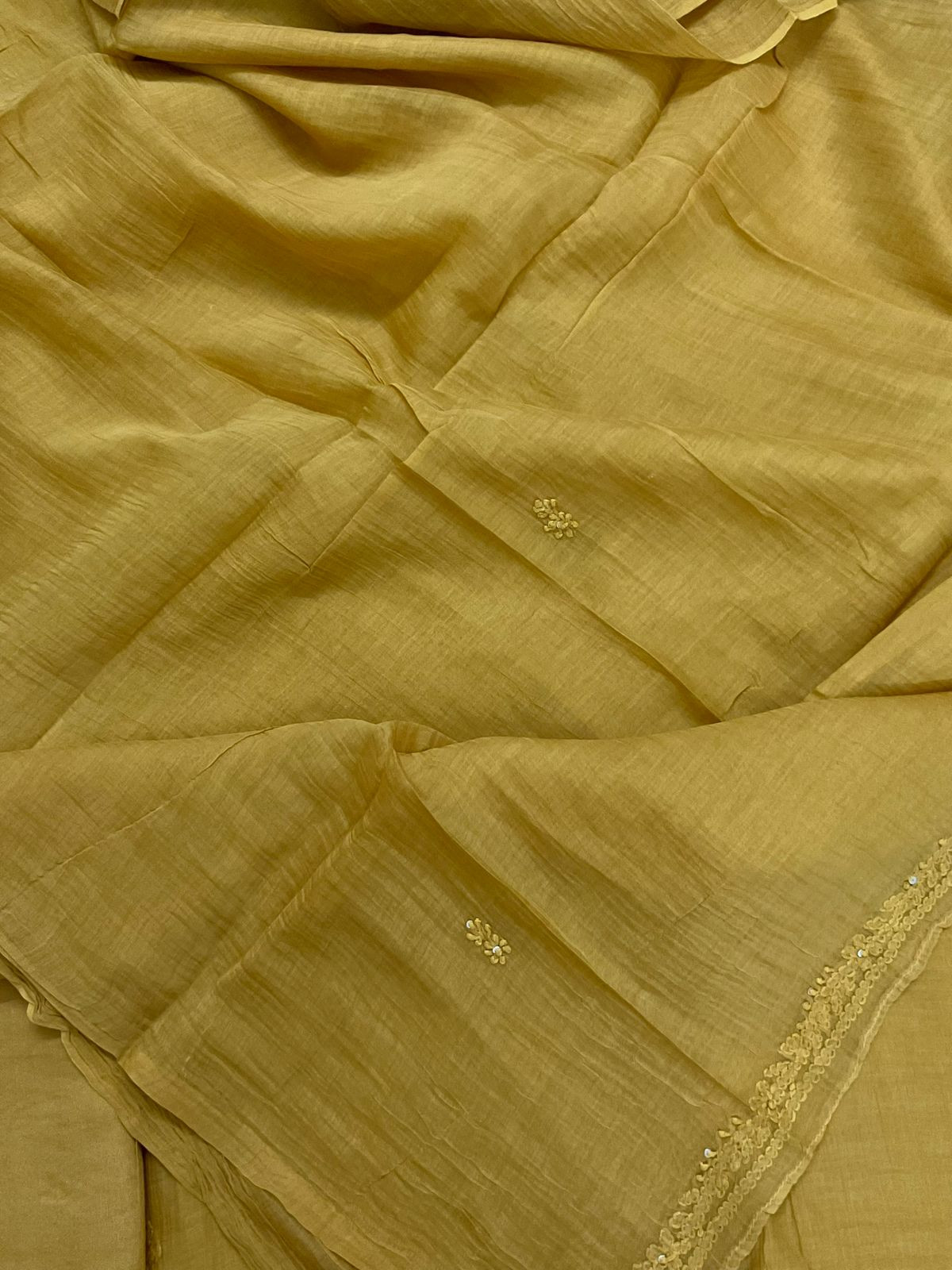 Pure Mul Chanderi Embroidered Suit - Yellow