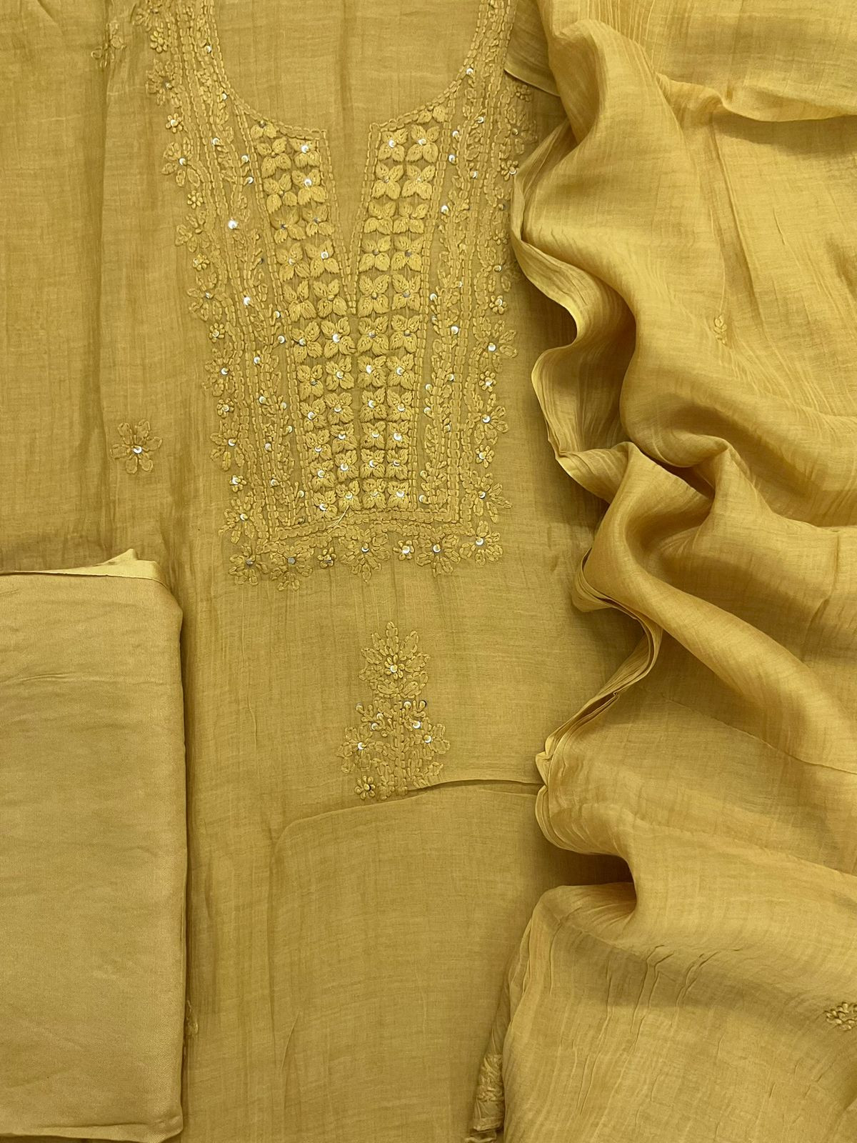 Pure Mul Chanderi Embroidered Suit - Yellow