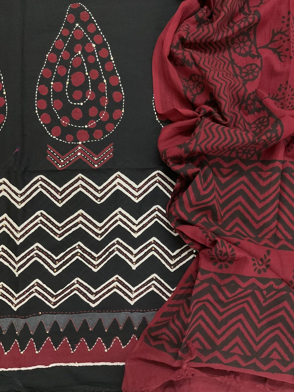 Pure Cotton Printed Embroidered Suit - Black