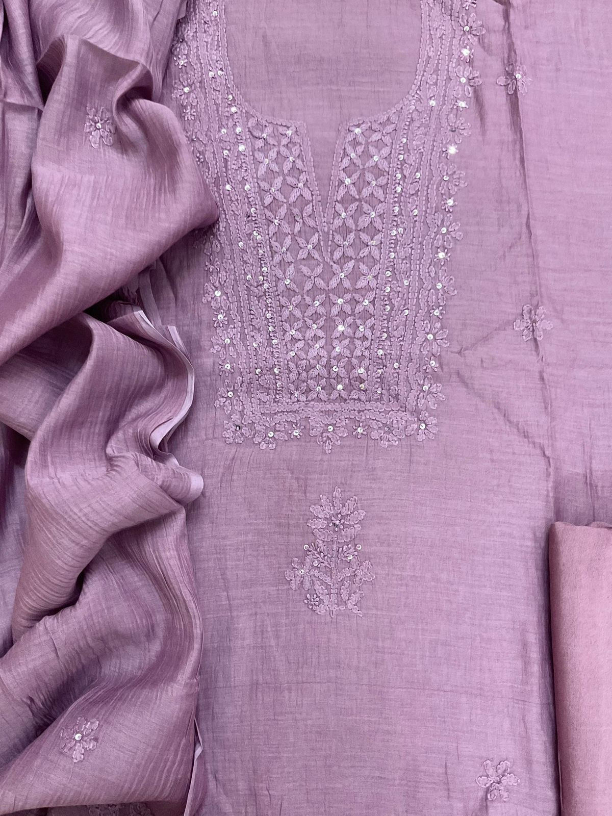 Pure Mul Chanderi Embroidered Suit - Lavender