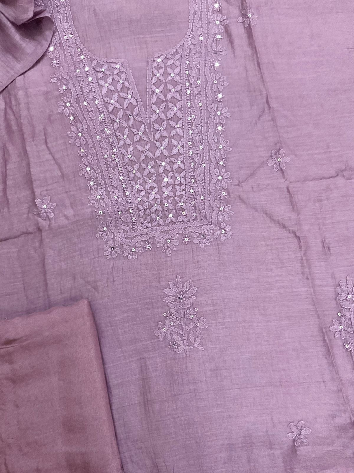 Pure Mul Chanderi Embroidered Suit - Lavender