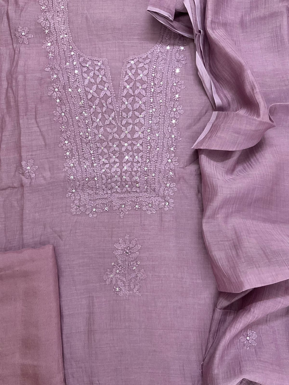 Pure Mul Chanderi Embroidered Suit - Lavender