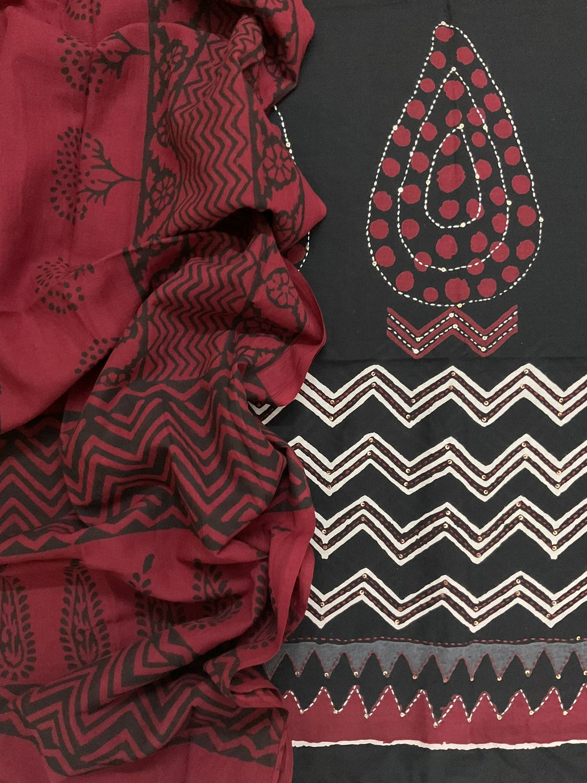 Pure Cotton Printed Embroidered Suit - Black