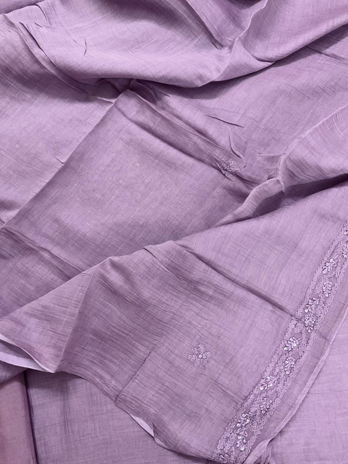 Pure Mul Chanderi Embroidered Suit - Lavender