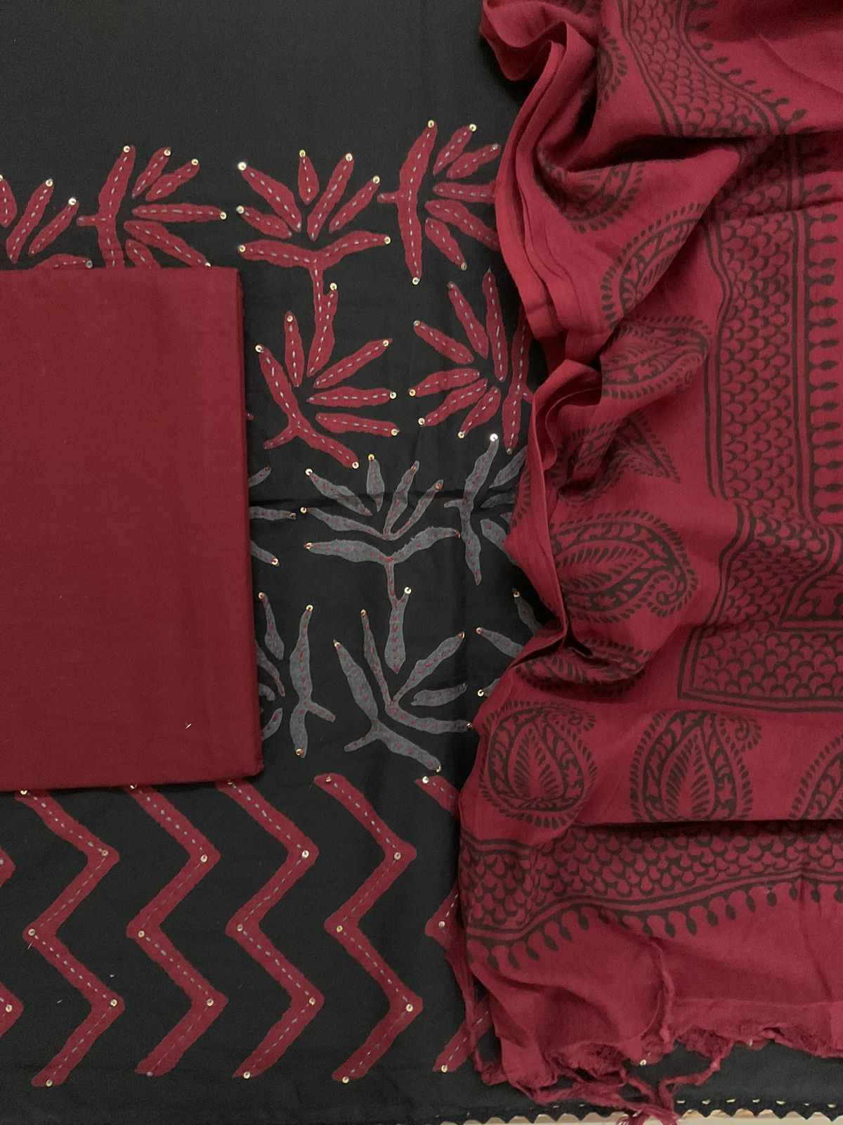 Pure Cotton Printed Embroidered Suit - Black