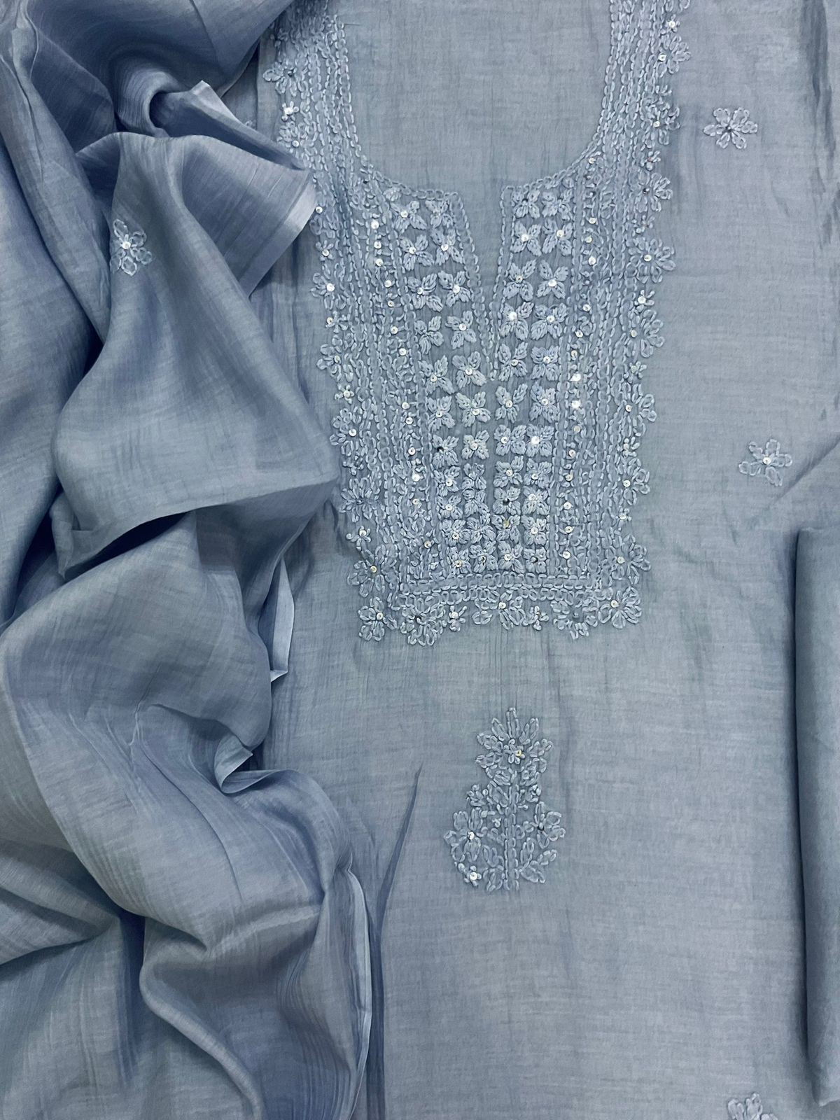 Pure Mul Chanderi Embroidered Suit - Blue