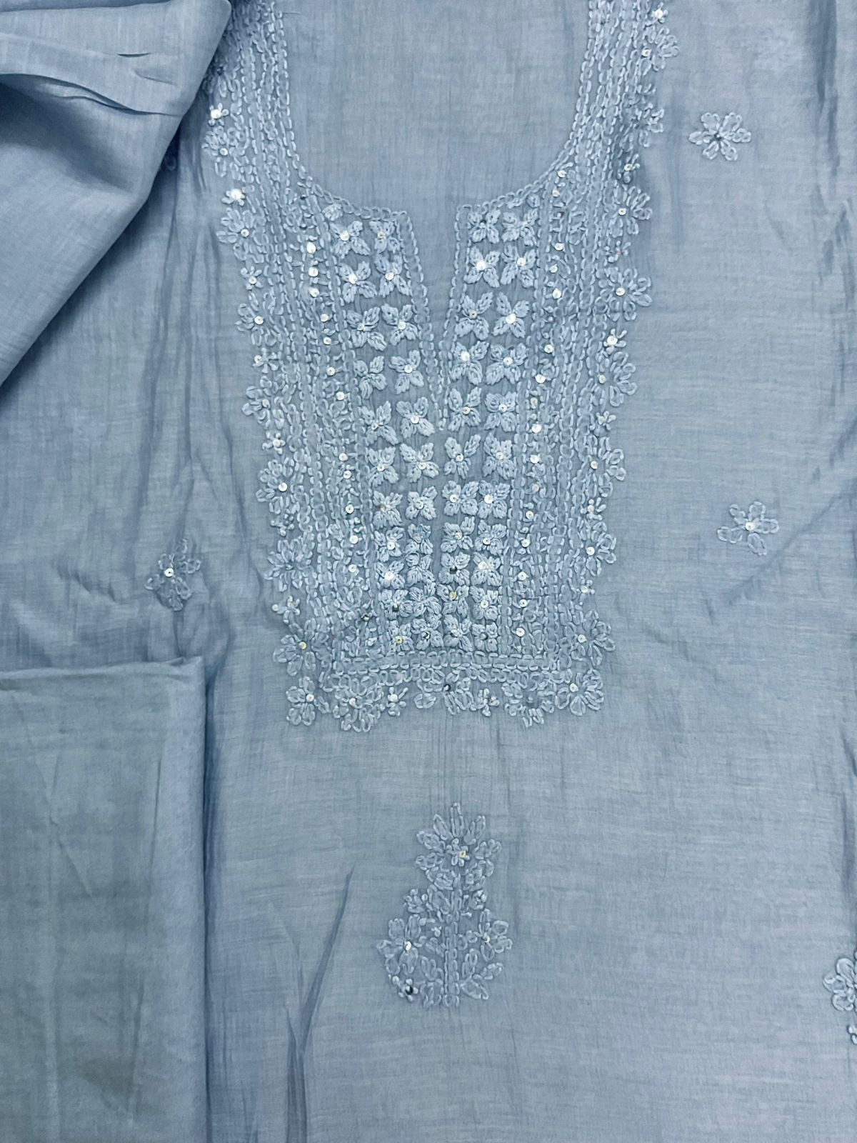 Pure Mul Chanderi Embroidered Suit - Blue