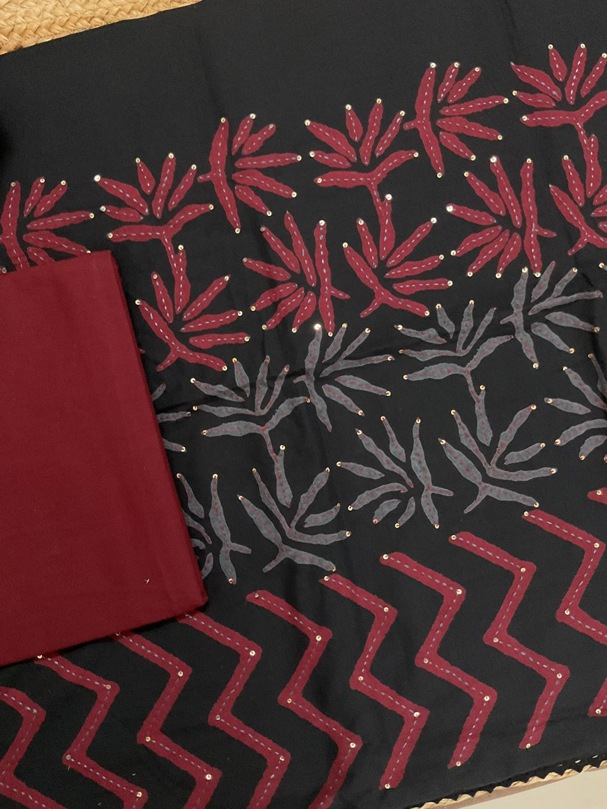 Pure Cotton Printed Embroidered Suit - Black